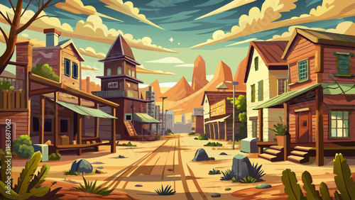 An old ghost town from the wild west era, featuring weathered wooden buildings and dusty dirt streets.