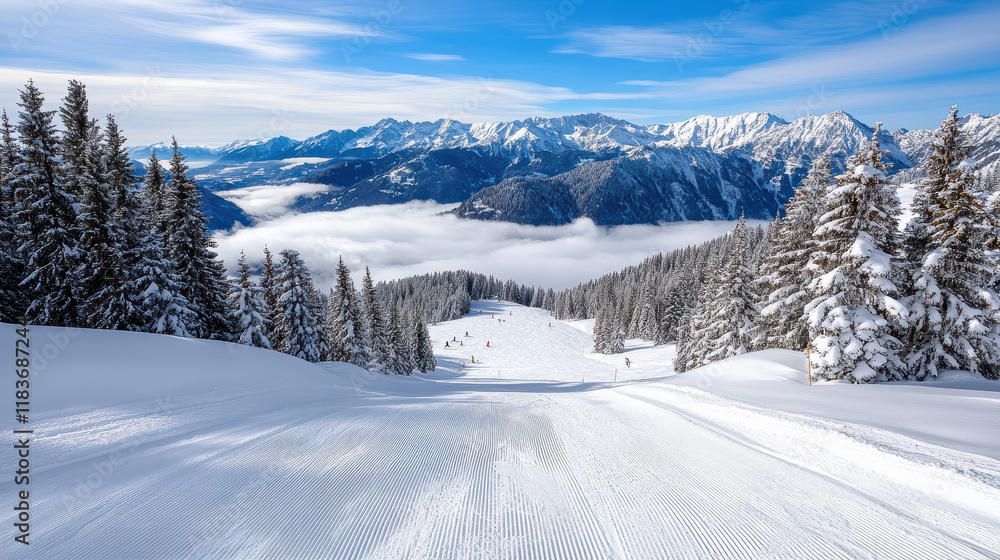 Obraz premium Stunning view of snow covered mountains and ski slopes in winter