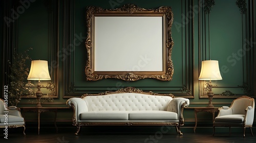 Traditional living room, ornate gold frame mockup on a deep green wall, vintage furniture, and ambient lamp lighting  photo