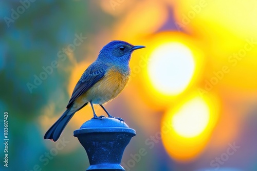 Charming image of a purple rumped sunbird on a lamp post during sunset featuring a clear sky and empty space in the background photo