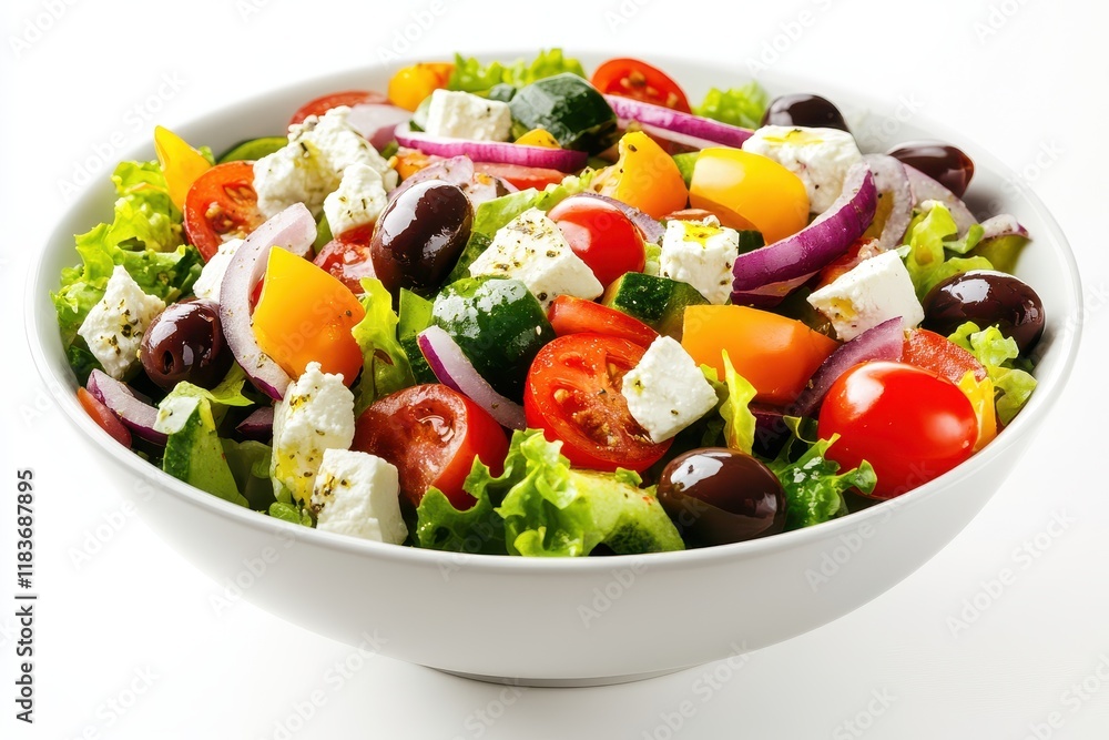 Chic white bowl holding Greek salad with goat cheese olives tomatoes onion peppers and lettuce set against a white background Chic white bowl holding Greek salad with goat cheese olives tomatoes onion peppers and lettuce set against a white background