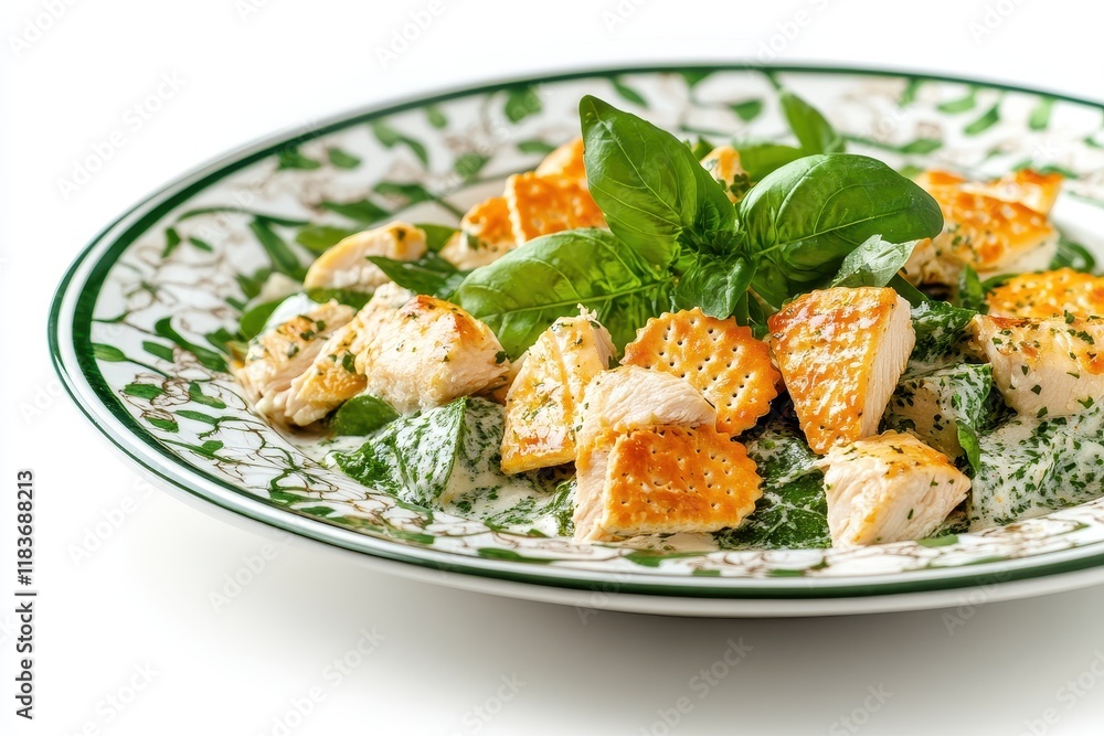Chicken Caesar salad on an elegant white plate Chicken Caesar salad on an elegant white plate