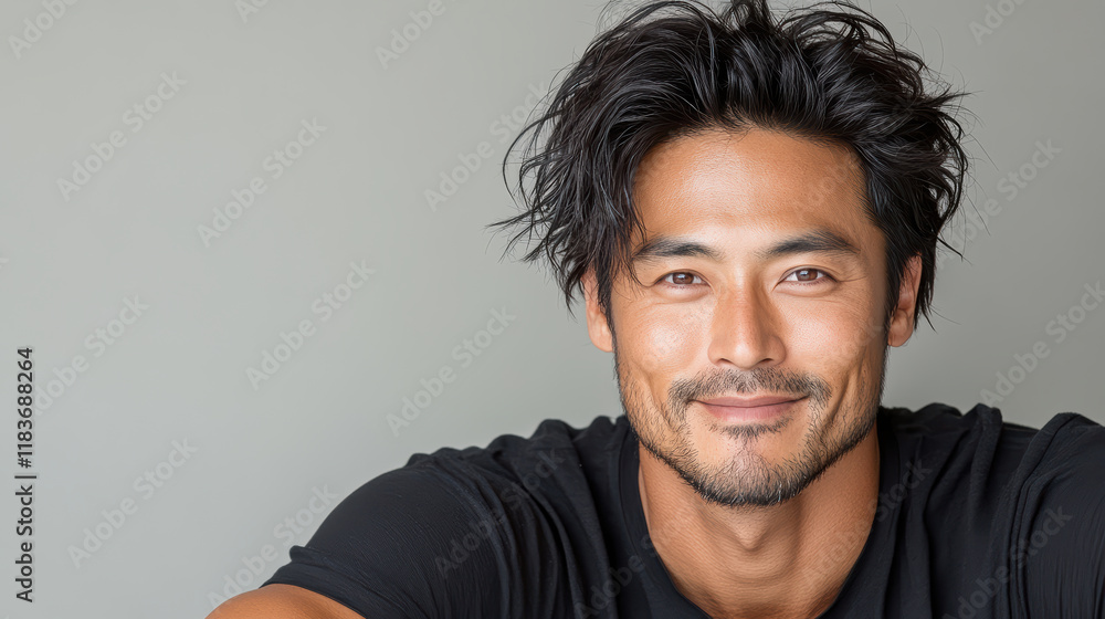 Fototapeta premium smiling man with tousled hair poses against neutral background