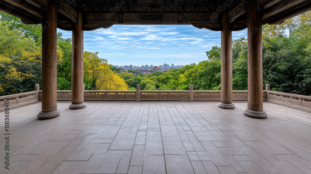serene view from traditional pavilion overlooking lush landscape