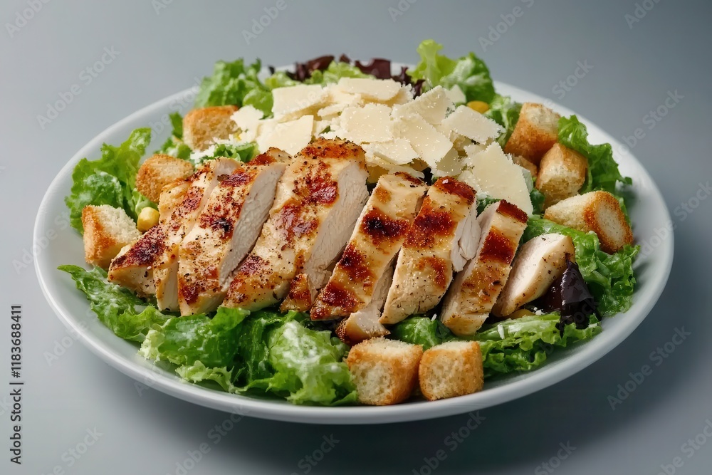 Chicken Caesar salad with Parmesan and wheat croutons on a textured grey backdrop Light dinner option Chicken Caesar salad with Parmesan and wheat croutons on a textured grey backdrop Light dinner option