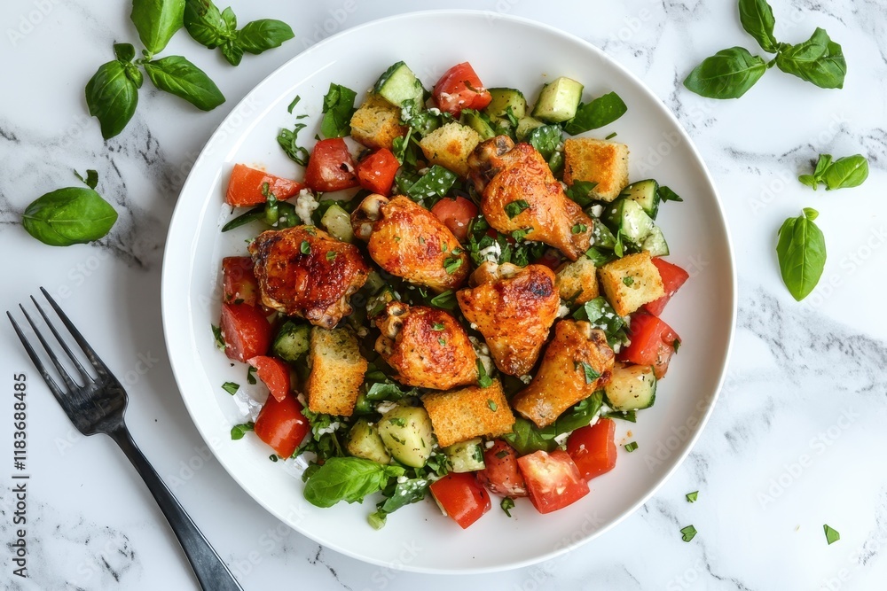 Chicken drumsticks with buffalo sauce and panzanella salad on a white dish Chicken drumsticks with buffalo sauce and panzanella salad on a white dish