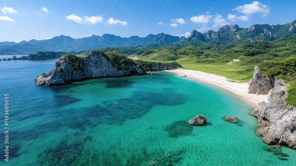 Fototapeta premium Stunning coastline with clear turquoise water and lush green hills