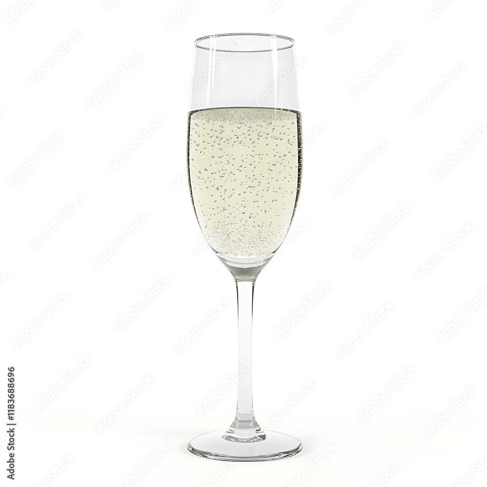 A tall, thin glass of champagne is sitting on a white background A tall, thin glass of champagne is sitting on a white background