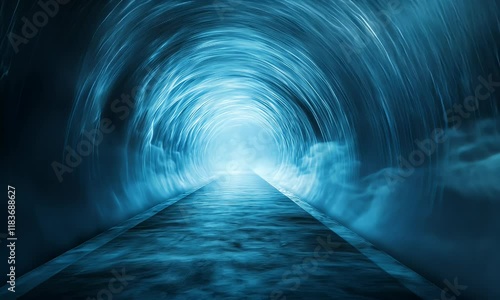 Mystical blue tunnel with glowing energy and path.