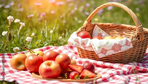 Red Apples Strawberries Picnic Basket Sunny Outdoors Summer photo