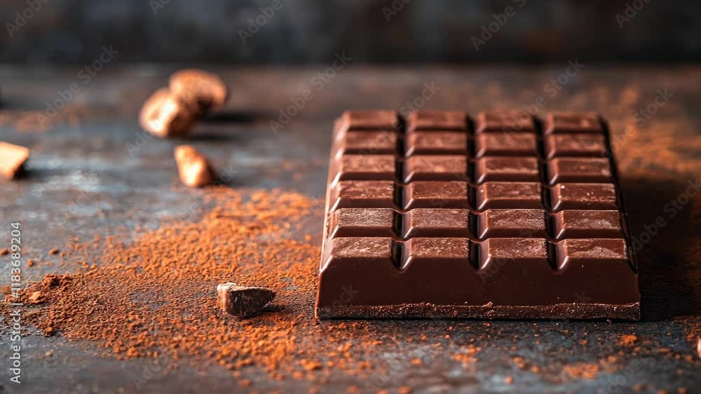 Indulgent cho te dessert bar on dark rustic surface, with cocoa powder creating sweet and gourmet experience for food lovers. Indulgent cho te dessert bar on dark rustic surface, with cocoa powder creating sweet and gourmet experience for food lovers.