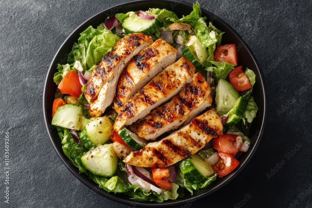 Chicken Greek salad Overhead view Empty space Chicken Greek salad Overhead view Empty space