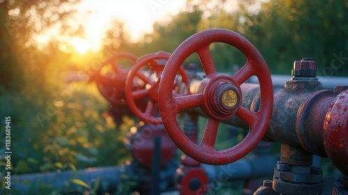 Close-up of red valve wheels on a metal pipe system, under the glow of a setting sun, with trees and greenery in the distance
