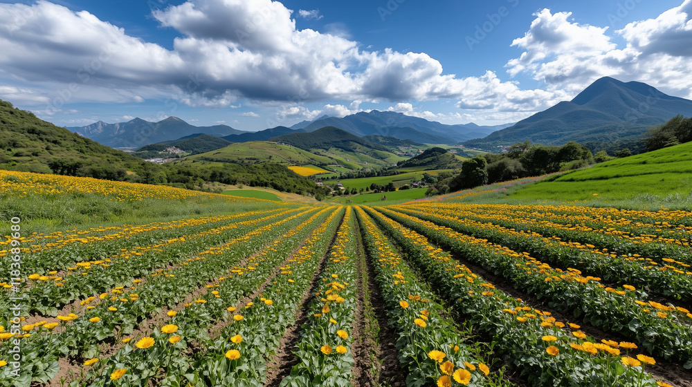 Fototapeta premium Vibrant sunflower field with mountains and blue sky in background
