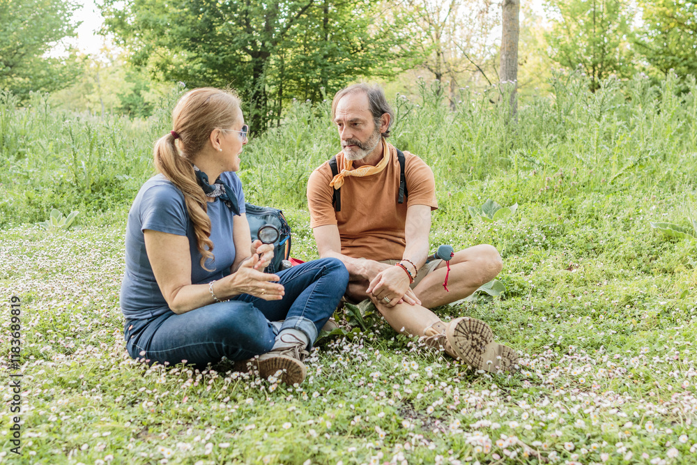 Fototapeta premium Biologists exploring nature in madrid, spain, discussing findings