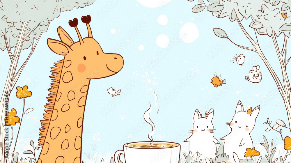 Obraz premium giraffe enjoys coffee in whimsical forest with cute animals nearby