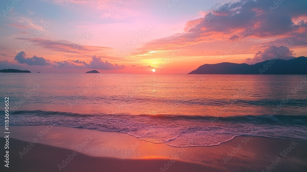 A stunning sunset over a tranquil beach with vibrant colors reflecting on the water. Ideal for travel and relaxation themes. A stunning sunset over a tranquil beach with vibrant colors reflecting on the water. Ideal for travel and relaxation themes.