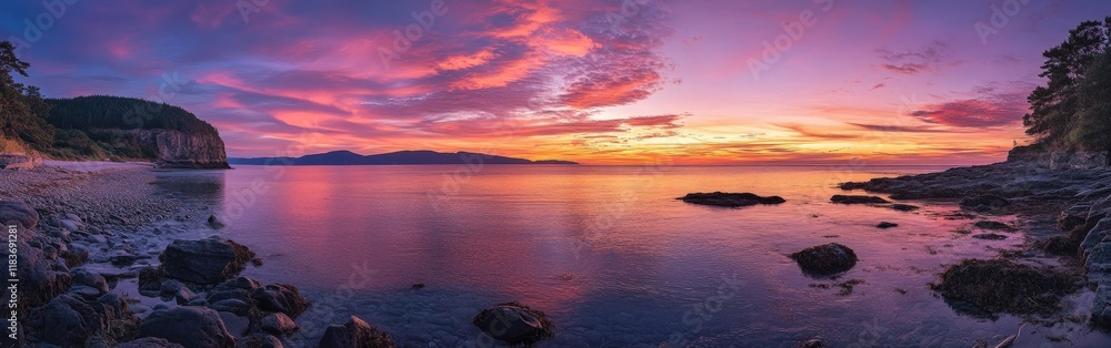 Fototapeta premium A stunning sunset over a tranquil beach with vibrant colors reflecting on the water. Ideal for travel and relaxation themes.