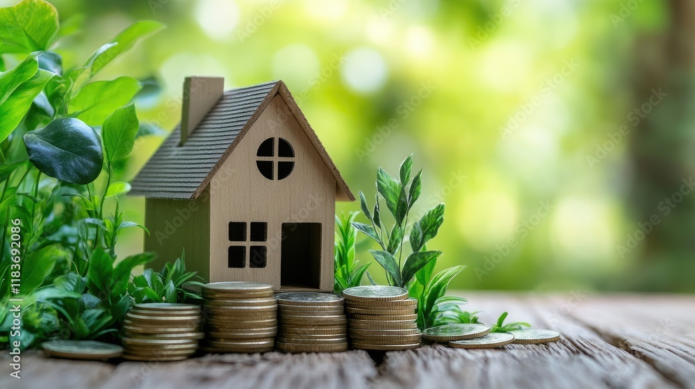 Eco-friendly housing model on a stack of coins with trees and plants framing the scene, representing green living Eco-friendly housing model on a stack of coins with trees and plants framing the scene, representing green living