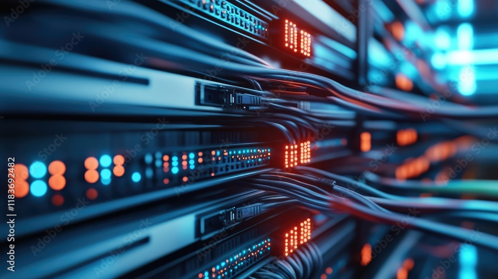 Naklejka premium Efficient backhaul network design in a professional data center environment, with neatly arranged cables and glowing LED indicators.