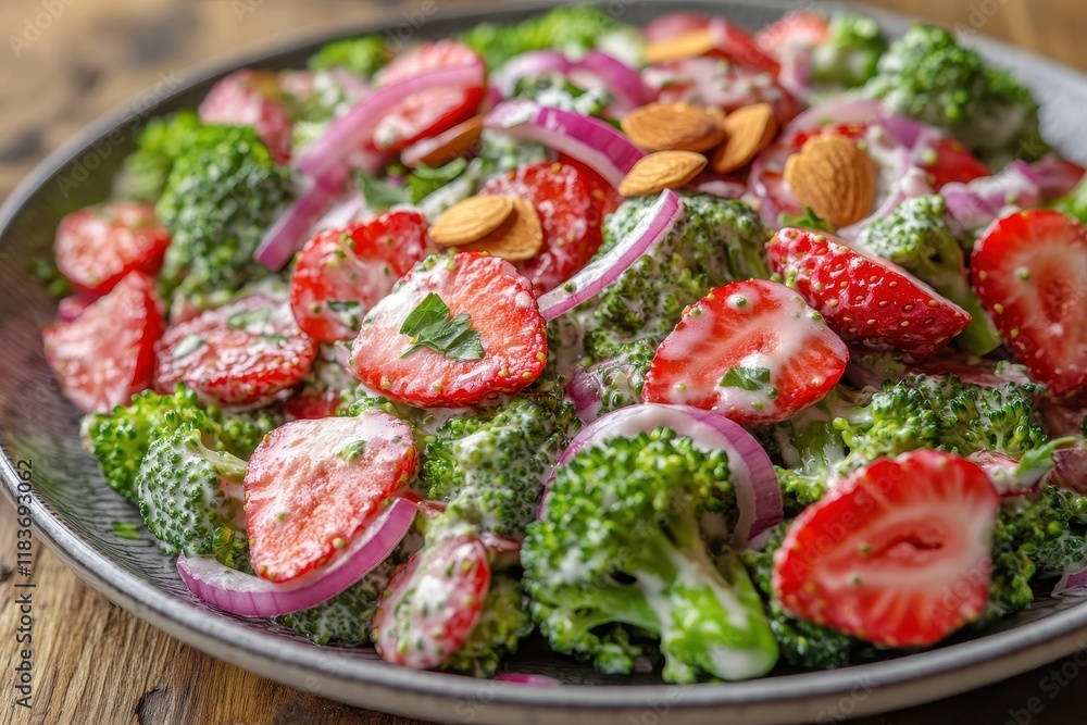 Close up of a summer broccoli salad with strawberries red onions and almonds topped with yogurt on a plate Close up of a summer broccoli salad with strawberries red onions and almonds topped with yogurt on a plate