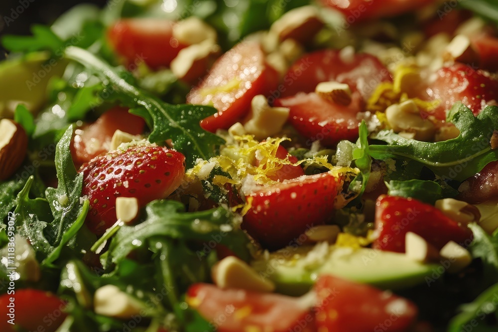 Close up of a summer salad featuring arugula strawberries avocados nuts lemon zest and Parmesan Close up of a summer salad featuring arugula strawberries avocados nuts lemon zest and Parmesan