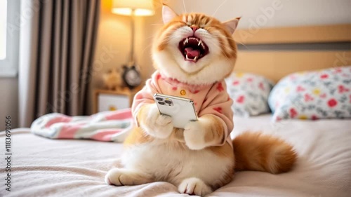 Funny exotic cat laughing at funny social media content on a smartphone. Cat laughter sits on a bed joying hilarious humor. Cat saw a meme joke on the internet. Pet reacts with uncontrollable giggles