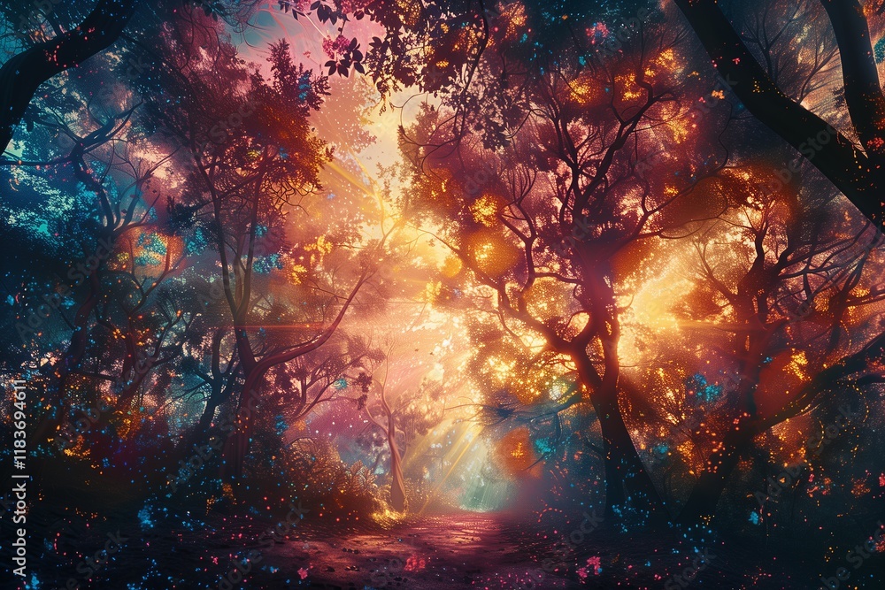 Naklejka premium A vibrant forest illuminated by colorful light, creating a magical and serene atmosphere in nature.