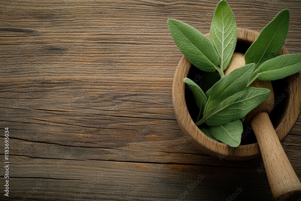 Close up of sage leaves and pestle in mortar on wood table text area available Close up of sage leaves and pestle in mortar on wood table text area available