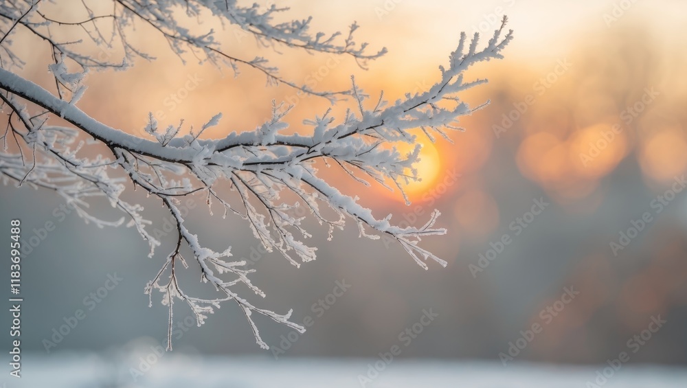 A snow covered tree branch with the sun setting in the background A snow covered tree branch with the sun setting in the background