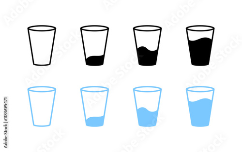 Cup of water set icons. Occupancy level icons. Linear, silhouette and flat style. Vector icons.
