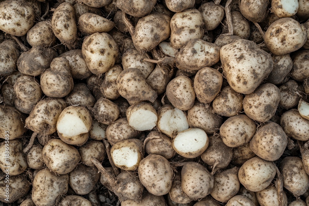 Close up view of a pile of raw white potatoes Close up view of a pile of raw white potatoes