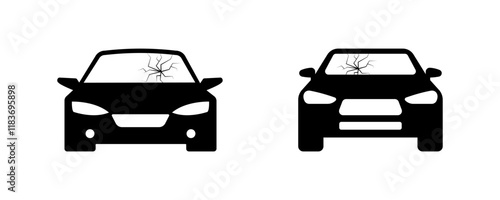 Crack in the windshield icons. Car icons. Silhouette style. Vector icons.