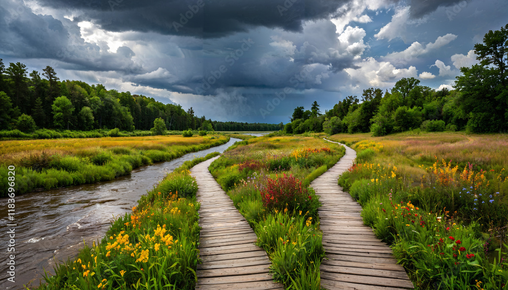 Tempête menaçante sur le sentier fleuri