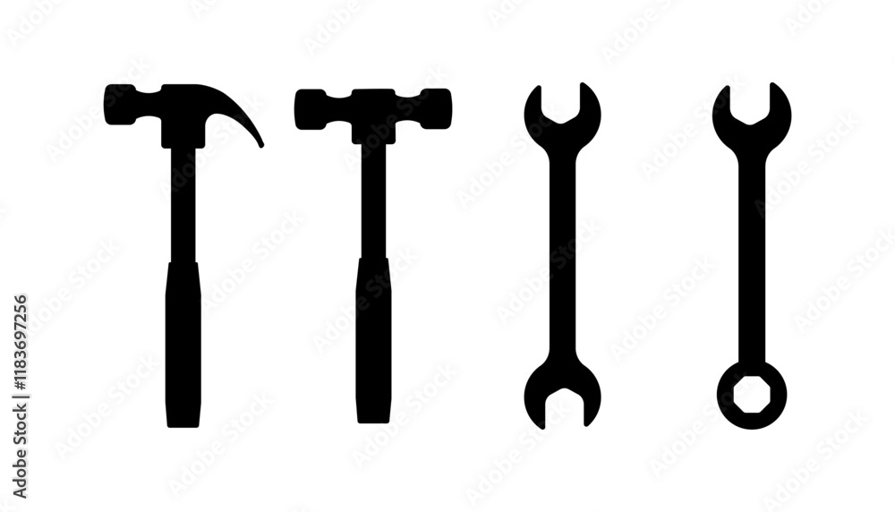 Construction tools icons. Linear and silhouette style. Vector icons. Construction tools icons. Linear and silhouette style. Vector icons.