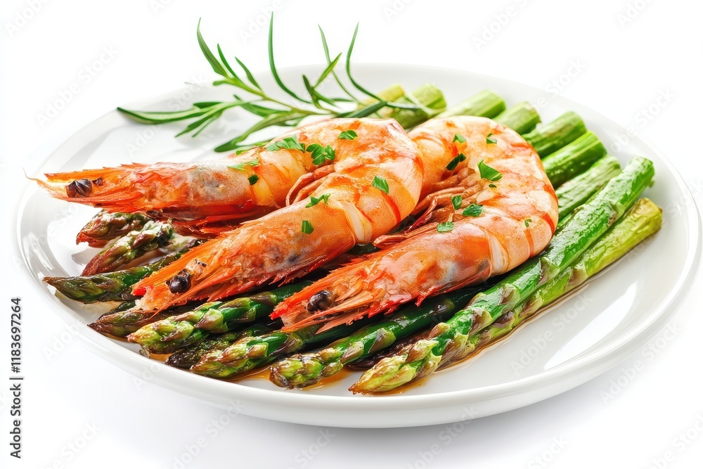 Cooked asparagus with shrimp on a white dish Cooked asparagus with shrimp on a white dish