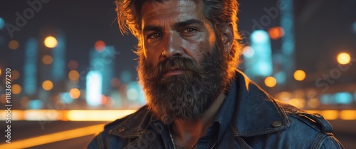 Bearded biker posing at night with city lights in background photo