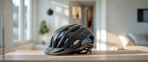 Black bicycle helmet resting on table in modern home interior photo