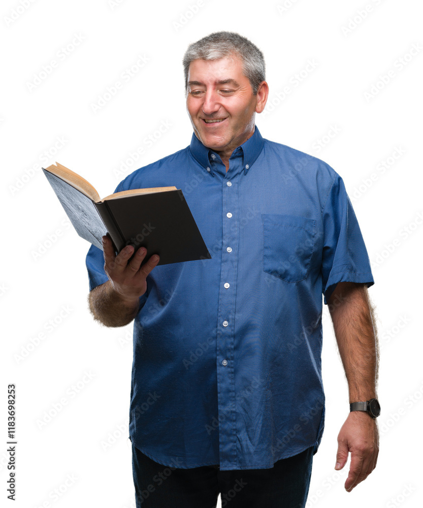 Handsome senior teacher man reading a book over isolated background with a happy face standing and smiling with a confident smile showing teeth Handsome senior teacher man reading a book over isolated background with a happy face standing and smiling with a confident smile showing teeth