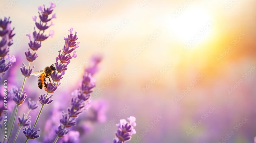 Naklejka premium Honeybee collecting lavender nectar during golden sunset light, highlighting pollination within blooming agricultural landscape