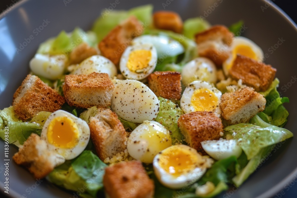 Croutons quail eggs and cherries in a Caesar salad Croutons quail eggs and cherries in a Caesar salad