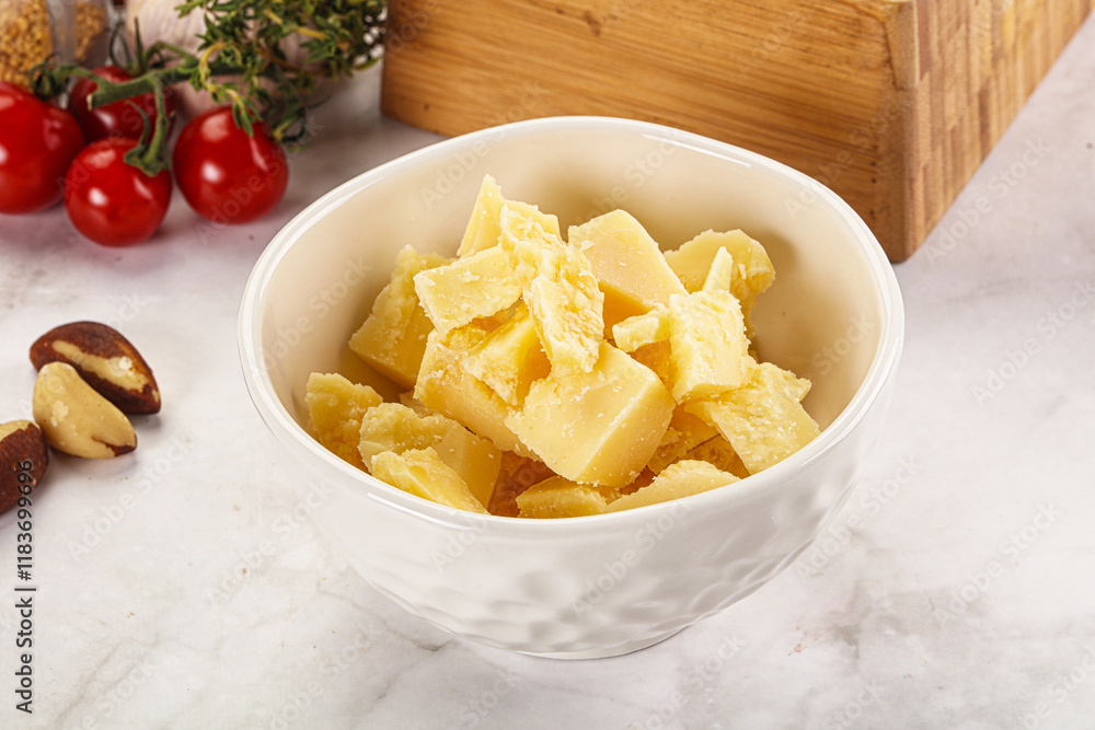 Crushed parmesan cheese in the bowl Crushed parmesan cheese in the bowl