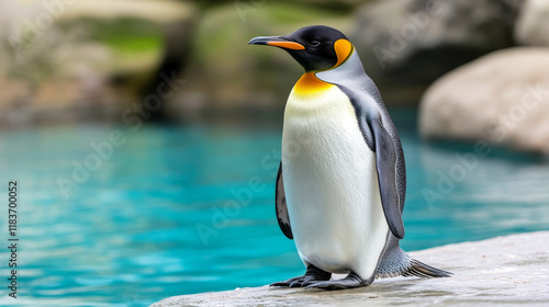 King penguin standing near shimmering blue water within spacious zoo habitat, displaying regal posture and sleek plumage photo