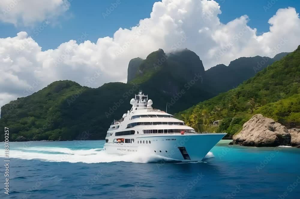 Luxury cruise boat with tropical Seychelles island Video View. Luxury cruise boat with tropical Seychelles island Video View.