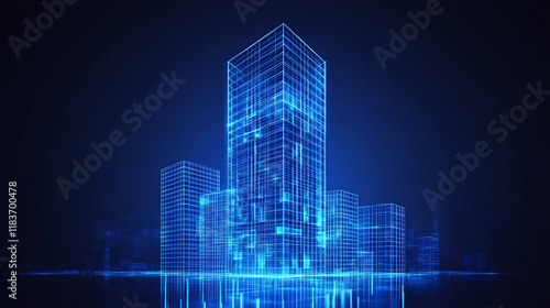 Digital building in matrix style, binary city of blue light, abstract technological background