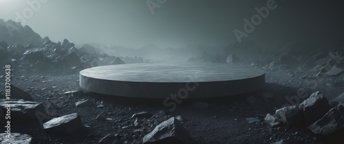 Dark and Mysterious Landscape with Circular Platform Surrounded by Jagged Rocks and Diffused Lighting photo