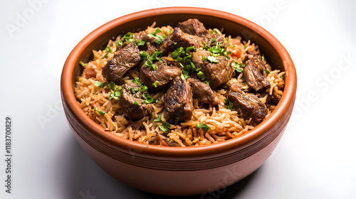 Dum handi mutton biryani or gosht pilaf is prepared in an earthen or clay pot called haandi or 1 kilo size, popular indian non vegetarian food photo