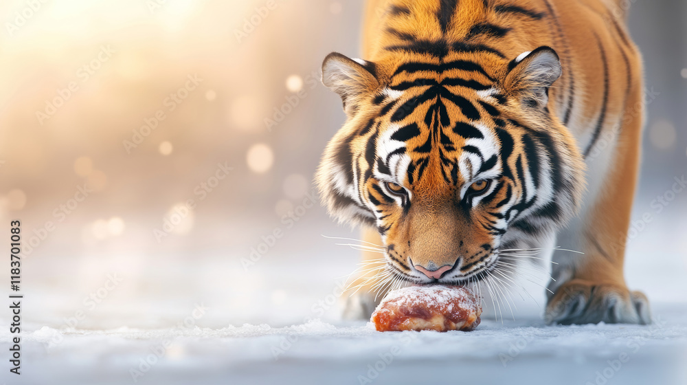 Siberian tiger licking a frozen piece of meat in a snowy enclosure, showcasing the beauty and power of this majestic predator in winter Siberian tiger licking a frozen piece of meat in a snowy enclosure, showcasing the beauty and power of this majestic predator in winter