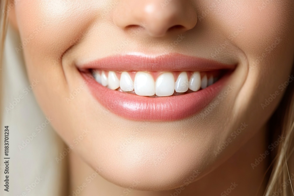 Fototapeta premium The face of a beautiful young woman with a smile, snow-white teeth, close-up.