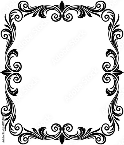 A filigree heraldic crest motif floral pattern border frame. Original design in a vintage style.